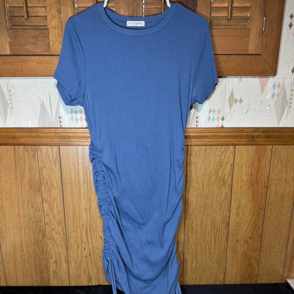 Live To Be Spoiled Womens XL Blue Ribbed Ruched‎ Side Drawstring Mini Dress